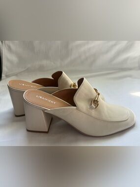 Lisa + Vicky Cream Leather Block Heel Mules with Gold Horsebit